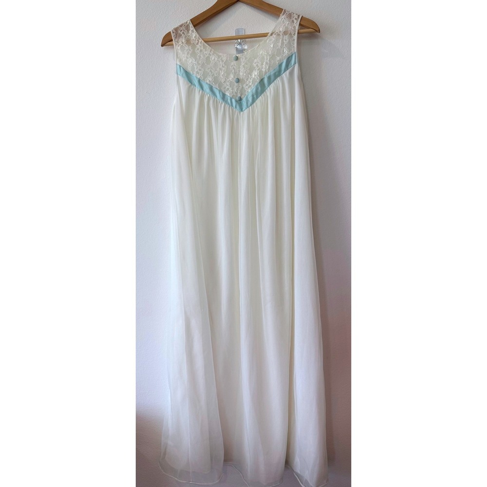 Vintage Leonora Sheer White Lace Nightgown Blue Satin Trim ILGWU Made in USA L